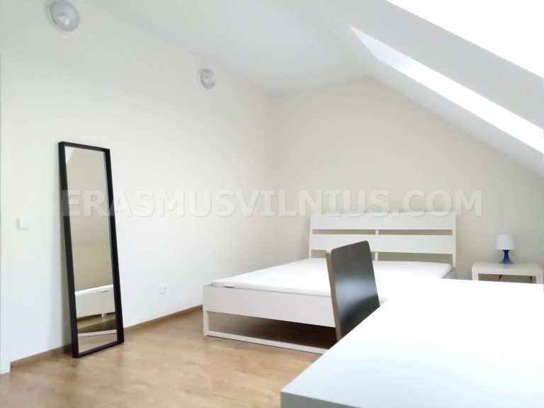 Arredamento camera — letto king size, scrivania e armadio nell'alloggio Erasmus